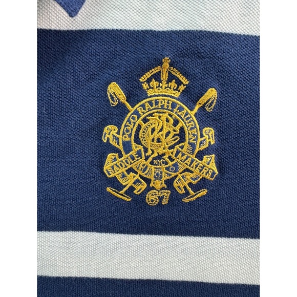 Polo Ralph Lauren Mens Custom Fit Striped Rugby Polo Shirt Navy White Sz LG Logo - Picture 3 of 16